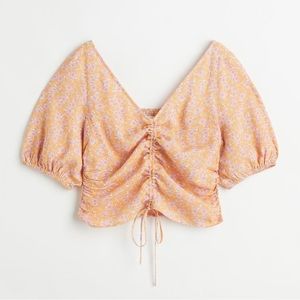 H&M V-Neck Drawstring Floral Orange Boho Blouse - Size Medium